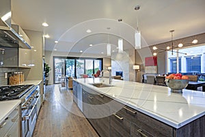 Sleek modern kitchen design with a long center island.