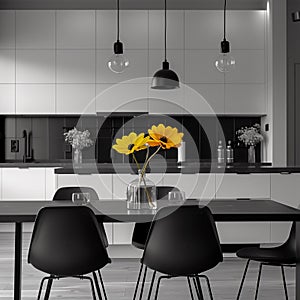 Modern Kitchen Design with Vibrant Yellow Flowers in a Chic Monochrome Setting photo