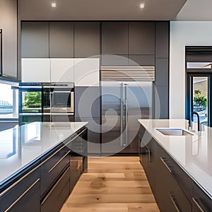 A sleek, modern kitchen with stainless steel appliances and minimalist design1, Generative AI