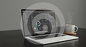 Modern Laptop with Data Visualization and Coffee