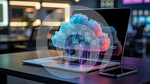 Modern laptop displaying cloud computing data storage and information technology concepts