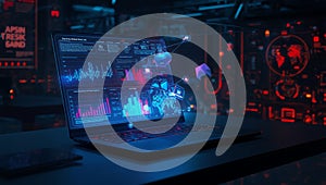 Futuristic Laptop with Global Data Analytics and AI Interface