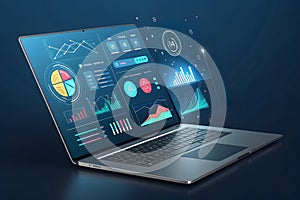 Dashboard finance management on laptop computer analyzing sales data and growth graph chart report