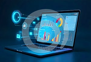 Dashboard finance management on laptop computer analyzing sales data and growth graph chart report