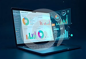 Dashboard finance management on laptop computer analyzing sales data and growth graph chart report