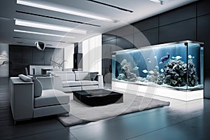 a sleek and modern living room with a futuristic aquarium, featuring cutting-edge equipment and technology