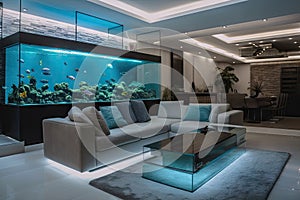 a sleek and modern living room with a futuristic aquarium, featuring cutting-edge equipment and technology