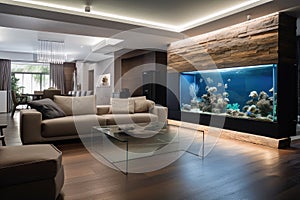 a sleek and modern living room with a futuristic aquarium, featuring cutting-edge equipment and technology