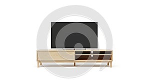 Modern beige media console with flat screen television on white background
