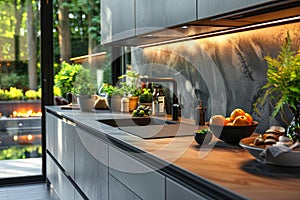 Sleek and modern minimalist kitchen with high functionality. AI generated. photo