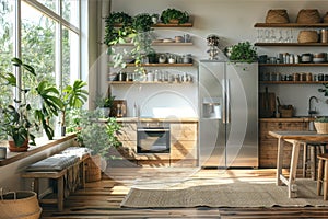 Sleek and modern minimalist kitchen with high functionality. AI generated. photo