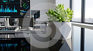 A sleek, modern office desk features a computer setup with dual monitors