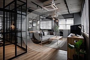 a sleek and modern office, filled with industrial furniture and clean lines