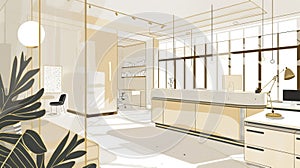 A sleek and modern office space in an Art Deco building featuring subtle gold accents on the furniture and fixtures. The