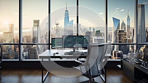Sleek Modern Office Space with City View and Financial Analysis