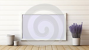 Minimalistic White Frame With Lavender On Wooden Background