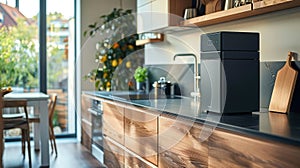 A sleek modern recycling unit sits in the corner of a kitchen automatically compressing and compacting plastic paper and photo