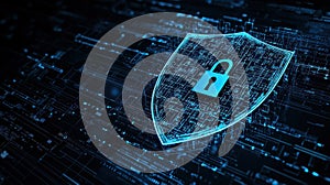 a sleek, modern shield with a digital lock symbo