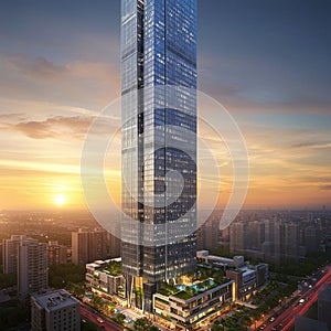 A sleek, modern skyscraper dominates the skyline at sunset. The building features a