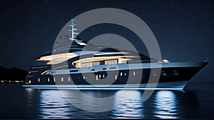 A sleek modern superyacht illuminated by a starry night