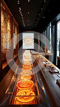 Sleek and modern sushi conveyor belt restaurant with interactive ordering screens.