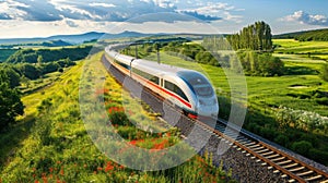 A sleek modern train zooms through a picturesque countryside its engines humming contently as it travels on tracks made