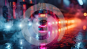 A sleek and modern vaping device held in a person\'s hand, with colorful LED lights illuminating th