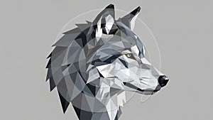 A low poly wolf head in profile on a grey background.