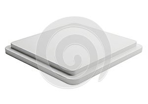 A sleek and modern white rectangular object with rounded edges and a smooth surface