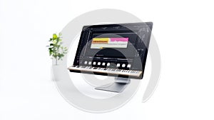 Modern Workspace with Audio Editing Software on Computer Screen and Plant