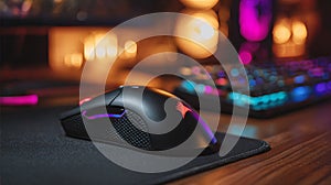 RGB Gaming Mouse with Mechanical Keyboard and Vibrant Bokeh Background