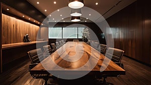 A sleek office room with a long wooden conference table and comfortable chairs created with Generative AI