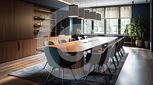 A sleek office room with a long wooden conference table and comfortable chairs created with Generative AI
