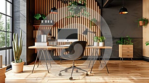 Sleek office setup showcasing environmental awareness with bamboo desktops and recycled paper, ideal for brands focused photo