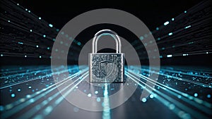 sleek padlock symbolizing cyber security, surrounded by digital data streams