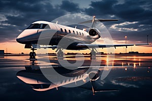 Sleek private jet parked on a private runway. Generative AI