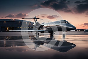 Sleek private jet parked on a private runway. Generative AI