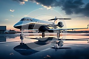 Sleek private jet parked on a private runway. Generative AI photo