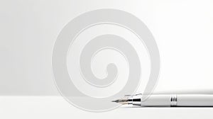 A sleek and professional image of a white fountain pen on a white background. The pen has a silver nib and a silver clip