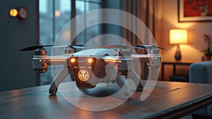 Sleek quadrotor drone with illuminated lights in modern room setting photo