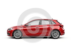 Red hatchback car isolated on white background
