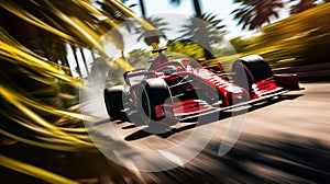 Sleek Red Race Car Speeding on Vibrant Racetrack