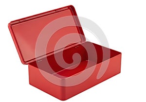 A sleek red rectangular storage box with a hinged lid