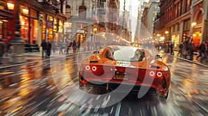 A sleek red sports car cruises through city streets