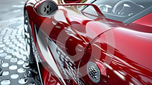 Sleek Red Sports Car Detailing in 3D Rendering with Reflective Surface and Racing Aesthetics