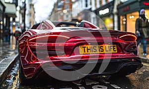 Sleek red supercar with THIS IS LIFE license plate, wet from rain, reflects luxurious lifestyle and opulence on a busy city