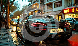 Sleek red supercar with THIS IS LIFE license plate, wet from rain, reflects luxurious lifestyle and opulence on a busy city