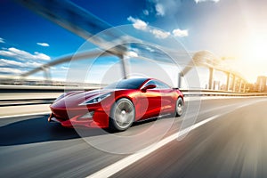 Sleek Red Supercar Racing Through Sunlit Curve.