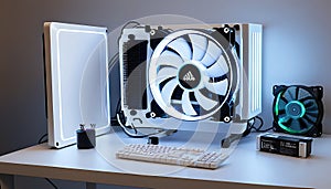 Sleek RGB PC Cooling Components and Peripherals on Modern Desk