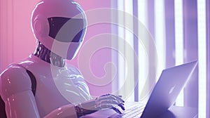 Sleek robot interacts with laptop, enveloped in a soft pink hue with futuristic ambiance photo